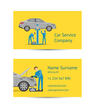 Business card template for auto service company. Mechanic in uniform repairing automobile at auto service garage, car lifted on autolift, automobile diagnostics and repair vector illustration.