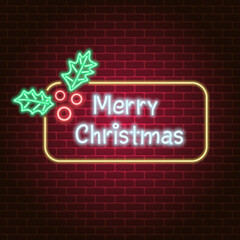 Stock vector Merry Christmas neon sign on brick wall background