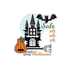 Happy Halloween. Vector colored icon. Card. Castle, pumpkin, bat.
