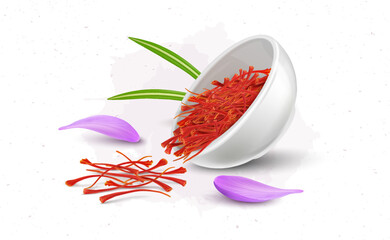 Dry saffron stamens in white bowl vector illustration with flower petals