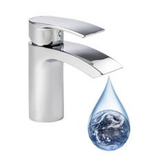 Lack of water concept, earth in water drop dripping from faucet. Elements of this image furnished...