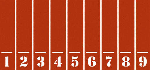 Cartoon running track with lane numbers or track numbers. Place where people exercise or sport place. lanes of running track. Start, finish point, sport field. Raceway, lines and numbers from top view - obrazy, fototapety, plakaty