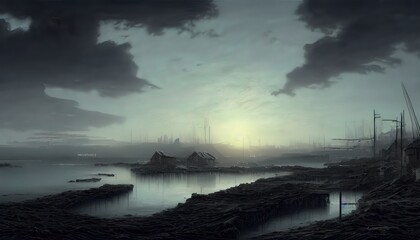 Naklejka na ściany i meble Fishing village, on the edge of the world. Old pier. Illustration for a book, concept art
