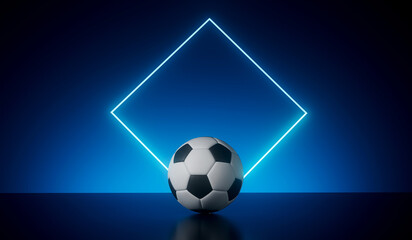 Blue neon futuristic frame with a soccer football. 3D Rendering