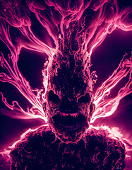 Infernal Terrible Furious Screaming Flame Demon 3D Concept Art Illustration. Vertical Portrait of Horrible Hellish Blazing Monster in Rage Horror Movie Character. Doomsday Ominous Flame Devil Artwork