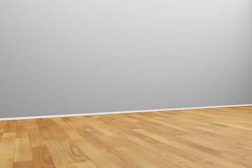 Empty room mockup with wooden floor and gray wall. Apartment without nobody. Angle view. 3d rendering