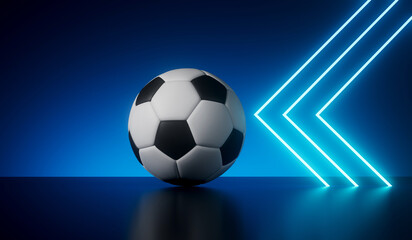 Naklejka premium Blue neon futuristic frame with a soccer football. 3D Rendering