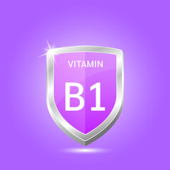 Vitamin B1 shield with purple atom. Vector illustration 3D. Protect body stay healthy, protection from chemicals entering body. For nutrition products food. Medical scientific concept. Drug business.