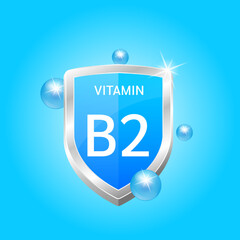 Icon Vitamin B2 shield blue atom circle bubbles surround. Protect body stay healthy. Medical scientific concept. For nutrition product food. Vector illustration 3D. Natural extracts. Drug business