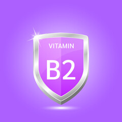 Vitamin B2 shield with purple atom. Vector illustration 3D. Protect body stay healthy, protection from chemicals entering body. For nutrition products food. Medical scientific concept. Drug business.