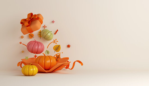 Autumn decoration background with pumpkin, orange leaves, gift box copy space text, 3d rendering illustration