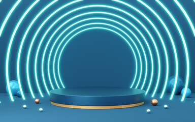 Obraz premium 3D blue cylinder pedestal with gold border, ball, neon lighting on copy space background. Empty modern podium mockup. Abstract technology dark minimal geometric object. 3d render illustration.
