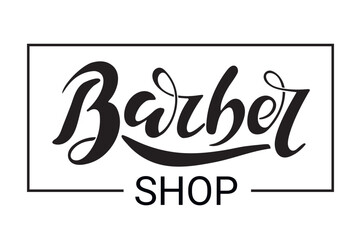 Barber shop. Digital illustration with vector hand lettering. Black letters in a frame Logo icon for barber shop studio salon business. Print for ads flyer banner poster business card. Line flat
