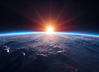 Fototapeta na wymiar Earth from space, horizon line and sun