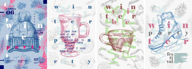 Winter. Winter holiday. A set of vector illustrations. Hat, mulled wine, tea, skates. Typography. Pencil, engraving style. Poster, cover, banner, t-shirt print.