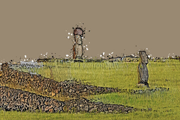 Abstrakte Kunst - Der sehende Moai Ahu Tahai thront auf der Steilküste der Osterinsel Rapa Nui