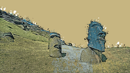 Abstrakte Illustration - versunkene und umgekippte Moais an den grünen Hängen und Hügeln von Rano Raraku