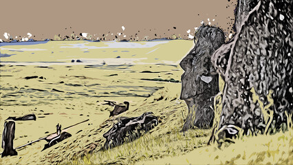 Abstrakte Illustration - umgekippte Moais an den sanften Hängen der Hügel von Rano Raraku