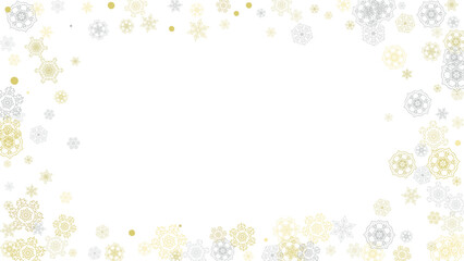 Fototapeta premium Gold snowflakes frame on black background. New year theme. Horizontal shiny Christmas frame for holiday banner, card, sale, special offer. Falling snow with gold snowflake and glitter for party invite