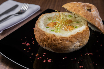 typical peruvian food, potato and leek cream