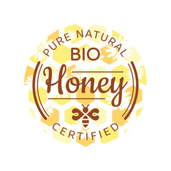 Bio honey label. Colorful badge with flower and honeycomb.