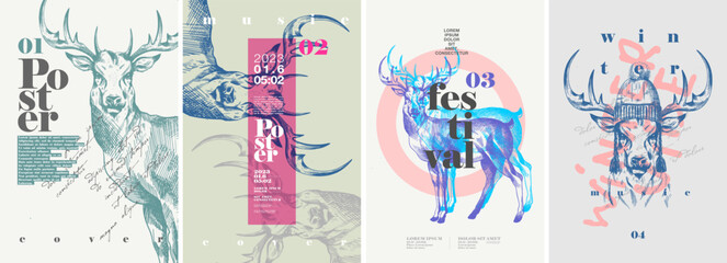 Deer. Scandinavian theme. Set of abstract vector illustrations. Typography and background engraving illustrations . Label, poster, cover, t-shirt print.