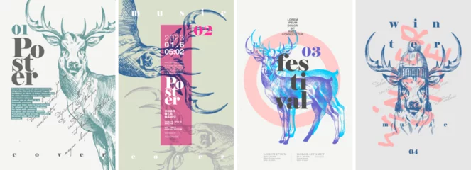 Fotobehang Deer. Scandinavian theme. Set of abstract vector illustrations. Typography and background engraving illustrations . Label, poster, cover, t-shirt print. © Molibdenis-Studio