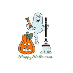 Halloween vector color icon. Ghost, pumpkin and broom. Card.
