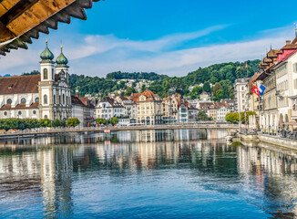 Chapel Wooden Covered Bridge Jesuit Church Reflection Lucerne Switzerland