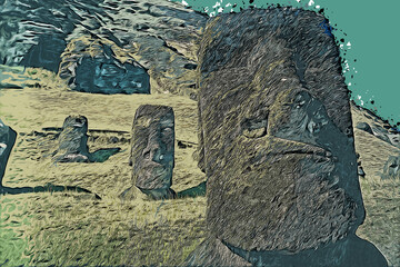 Abstrakte Illustration - die Steinmenschen, die Moais in der Nahaufnahme am Hügel von Rano Raraku