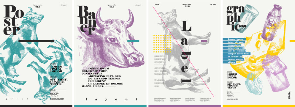 Cow. Dairy products. Set of vector postcards. Typography and background engraving illustrations . Label, poster, cover, t-shirt print.