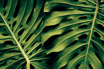 Fototapeta na wymiar Tropical leaves, texture of monstera plant and dark background