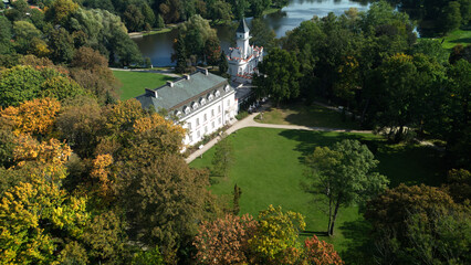 Aerial view on park in Radziejowice. Autumn or Fall over the Radziejowice park. Beautiful palace in...