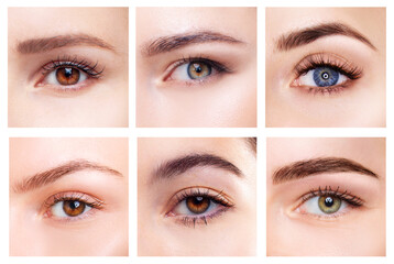 Collage of different color female eyes.