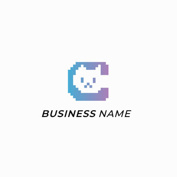 logo design letter C and pixel cat