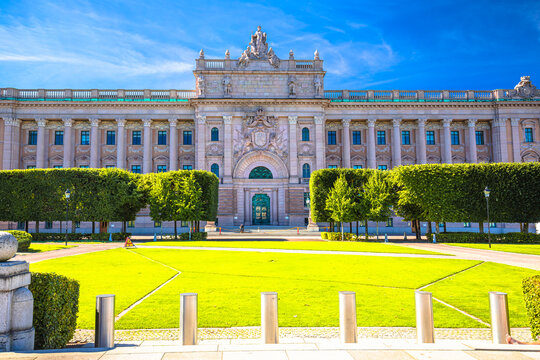 Riksplan park and Swedish parliament The Riksdag house front facade view
