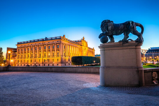 Riksplan and Swedish parliament The Riksdag house evening view