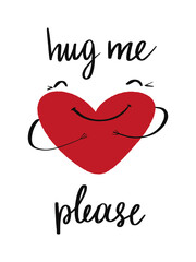 Vector romantic lettering of Hug me. Hand drawn letter on white background. Cute concept for card, website, poster.
