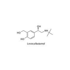 Levosalbutamol molecule flat skeletal structure, beta agonist used in asthma, COPD Vector illustration on white background.