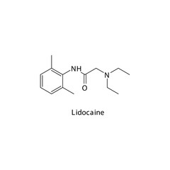 Lidocaine molecule flat skeletal structure, Class Ib antiarrythmia drug - fast Na chanel blocker, local anaesthetic used in cardiac dysrythmia Vector illustration on white background.