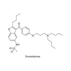 Dornedarone molecule flat skeletal structure, Class III antiarrythmia drug - K chanel blocker used in cardiac dysrythmia Vector illustration on white background.