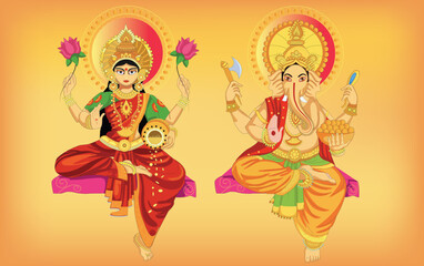 Obraz na płótnie Canvas Vector design of Goddess Lakshmi and Lord Ganesha for Happy Diwali prayer festival of India in Indian art style