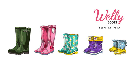 Hand drawn colorful rubber boots for rainy weather, sketch vector illustration isolated on white background. - obrazy, fototapety, plakaty