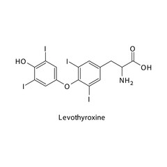 Levothyroxine molecule flat skeletal structure, Thyroid hormone used in Hypothyroidism, hashimoto's disease Vector illustration on white background.
