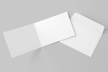A4 A5 A6 Landscape Folded Invitation Card With Envelope 3D Rendering White Blank Mockup