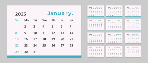 Monthly calendar template for 2023 year. Planner diary in a minimalist style.2023 calendar in minimal table and blue color event planner, Corporate and business calendar. Week Starts Sunday