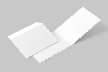A4 A5 A6 Landscape Folded Invitation Card With Envelope 3D Rendering White Blank Mockup