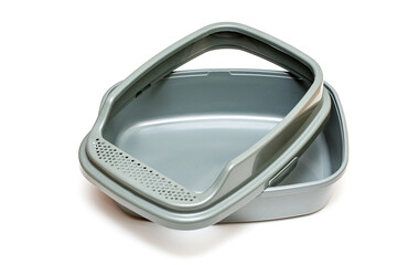 Disassembled gray toilet tray for cats on a white background