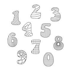 Happy children's numbers from 0 to 9 in fun doodle style. Geometric pattern set isolated on white