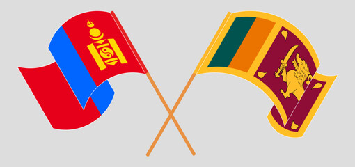 Crossed and waving flags of Mongolia and Sri Lanka